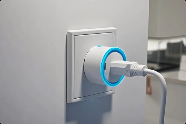 A white smart plug with a glowing blue ring plugged into a wall socket with an appliance cable
