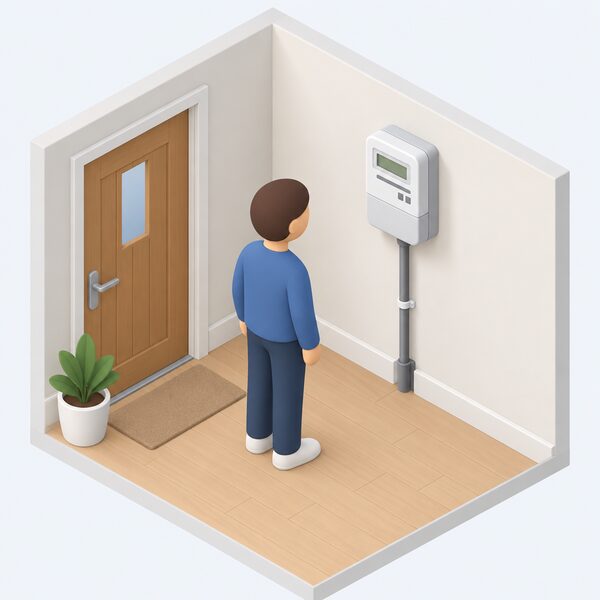 A small isometric figure stands indoors beside a smart meter mounted on the interior wall, with the meter's cable running down toward the floor where the incoming supply enters the home, showing the metering the hub builds on but does not replace.