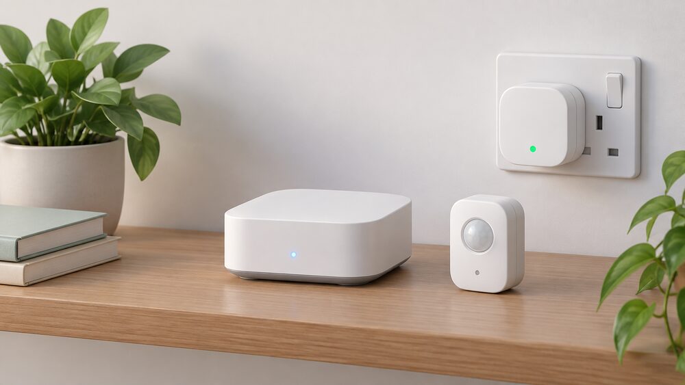 A close-up of a small smart home hub box standing centrally on a shelf, with a smart plug plugged into a nearby wall socket and a small wireless sensor beside it, all connected by nothing visible but clearly part of one local setup.
