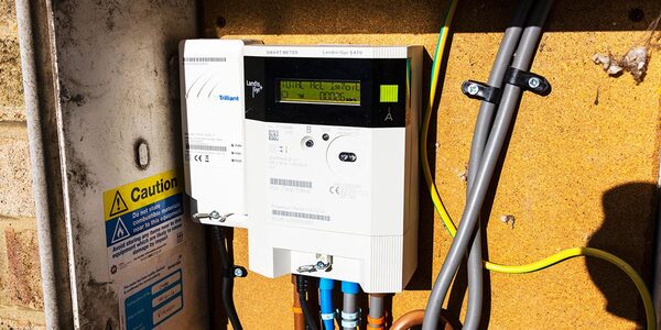 A Landis+Gyr smart electricity meter with a Trilliant communications hub mounted on an outside wall next to a caution label and cabling
