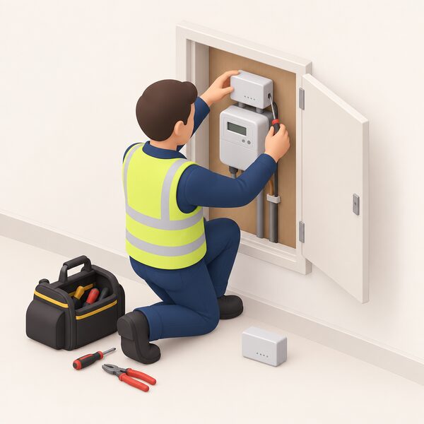 An engineer on a home visit kneels beside a wall-mounted smart meter, swapping the older communications hub on top for a new one, with a tool bag at their feet and the household's meter cupboard otherwise untouched.