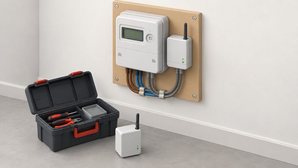 A close-up of a smart electricity meter mounted on an indoor meter board with its small communications hub fitted within or beside it, and an open engineer's toolbox with a replacement 4G-capable hub waiting on the floor below.