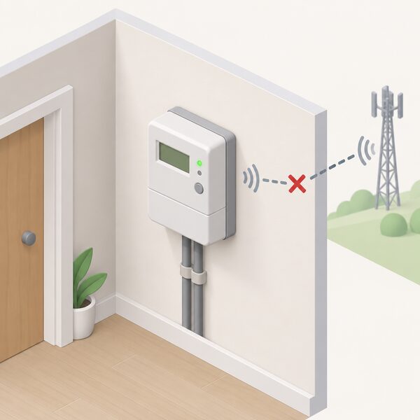 A simplified isometric view of a smart electricity meter mounted on an interior wall of a home, with its communication link shown as broken so it keeps measuring locally while no signal reaches outside.