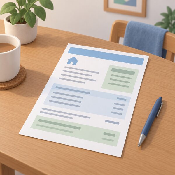 A printed energy bill lying on a household table, drawn as a physical sheet with plain colour bands and blank lines standing in for charges and figures, beside a pen, with no readable words or numbers anywhere on it.