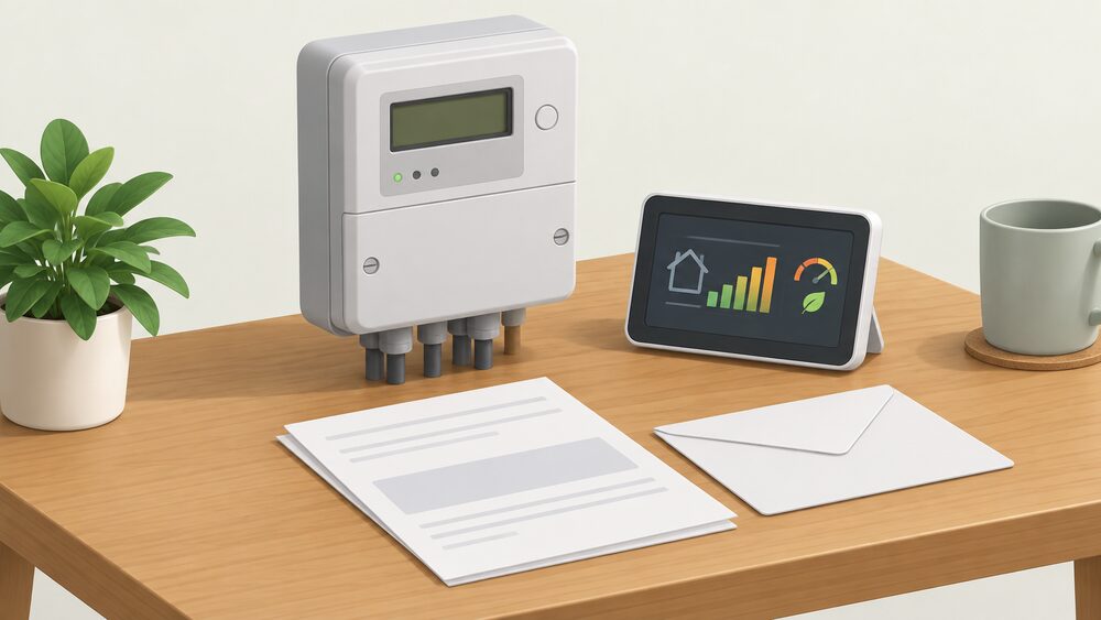A smart electricity meter box sits on a table beside its small in-home display showing usage, with blank bill paperwork and an envelope laid out, representing accurate bills based on actual readings rather than estimates.