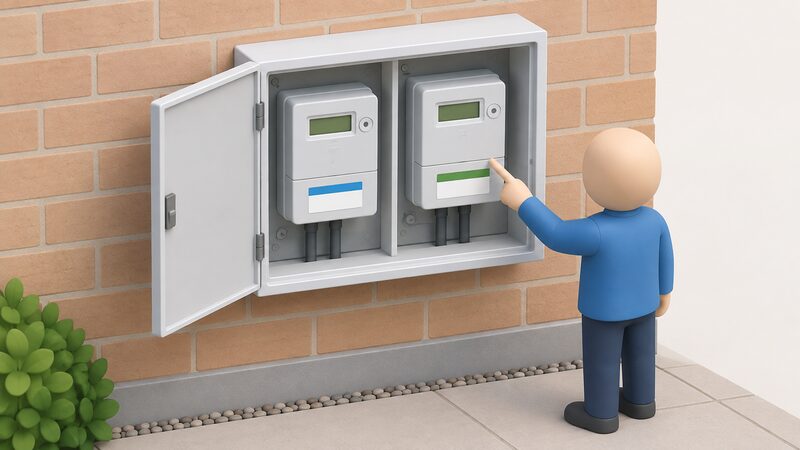 An open domestic electricity meter cabinet on an outside wall containing two separate meters side by side, an import meter and an export meter, each with its own MPAN reference label, with a simplified isometric figure pointing at the export meter.