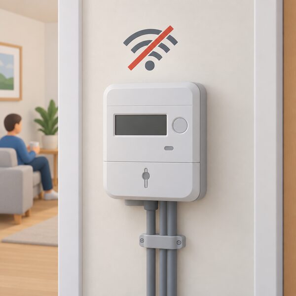 A first generation smart electricity meter mounted on an indoor wall, shown with a blank display and a small crossed-out signal symbol above it to indicate it has stopped sending readings automatically.