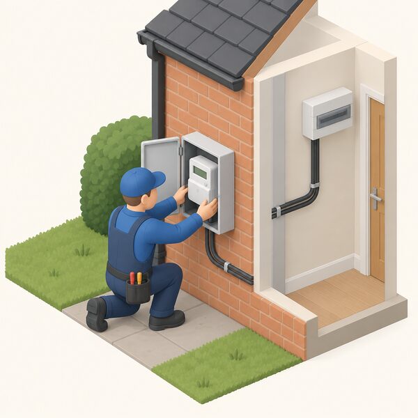 A small isometric installer in plain work clothing kneels beside a domestic electricity meter box on an outside wall, fitting a smart electricity meter capable of two-way import and export metering, with the supply cables running between the meter and the household's consumer unit.