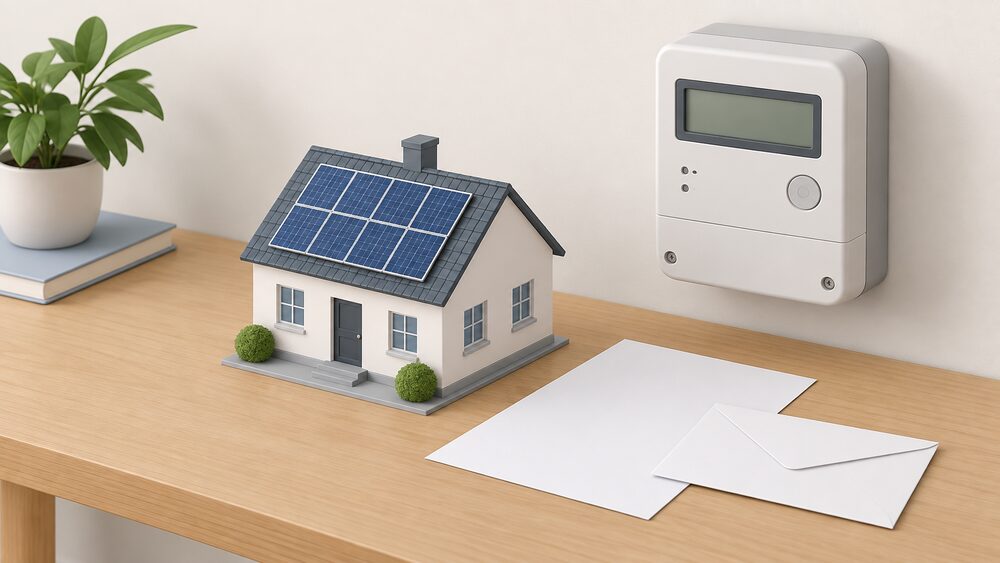 A small model of a house with rooftop solar panels sits on a table beside a wall-mounted smart meter with a blank display, a blank application form and an envelope, representing the paperwork of arranging an export payment.