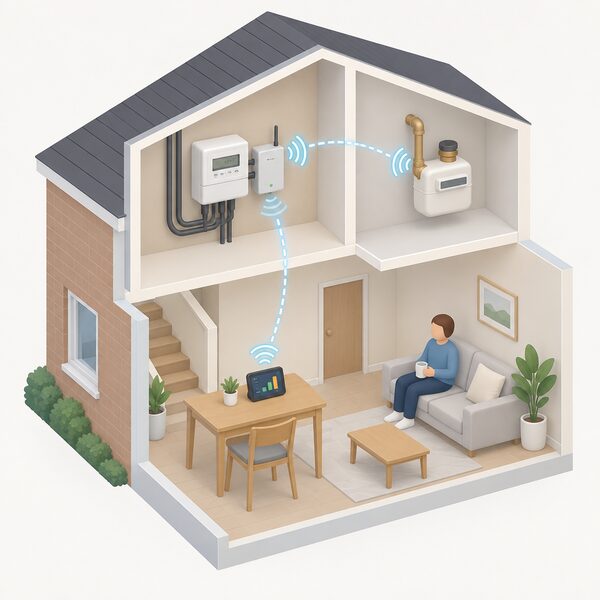 An isometric cutaway of a home interior showing a smart electricity meter with a communications hub attached, a battery-powered gas meter nearby, and an in-home display on a table, all linked by short-range wireless arcs forming the home area network.