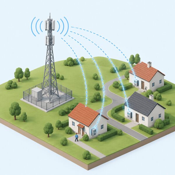 A tall outdoor radio mast on open ground transmitting signals over a wide area toward a small cluster of nearby houses, shown as a simplified isometric scene with signal arcs radiating from the mast top across the landscape to the homes' electricity meter boxes.