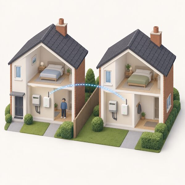 Two neighbouring houses side by side, each with a communications hub near its electricity meter, with a dotted signal path arcing between the two hubs so the marginal house reaches the network via its neighbour's hub.