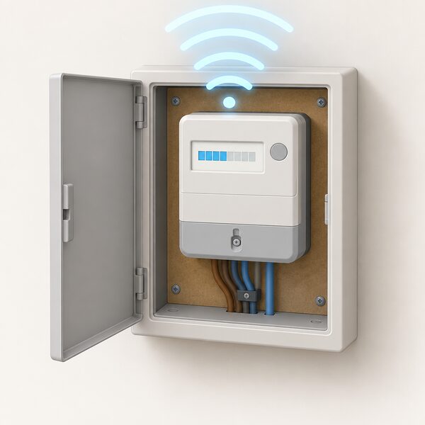 A first-generation smart electricity meter inside its meter box, shown with no installer or household member present, receiving an over-the-air software update shown as simple signal waves descending onto the meter, with a plain progress band on the meter display indicating the remote enrolment into the central network.