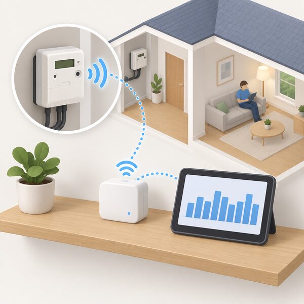 A small consumer access device on a shelf in a home, linked wirelessly to the smart meter, with a household tablet or home energy screen beside it displaying plain half-hourly consumption bars so the household sees its own energy use directly.