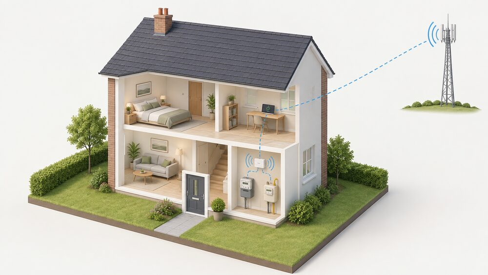 A cutaway house showing an electricity meter and gas meter in a meter cupboard connected by short-range wireless to a communications hub and an in-home display indoors, while outside a radio mast on the horizon carries the wide area network link, with no wifi router involved.