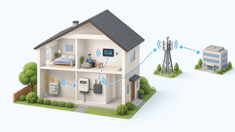 A simplified cutaway diagram of a home showing a smart electricity meter, gas meter, communications hub and in-home display linked by a home area network, with a radio wave link from the hub to a nearby mast and onward to a supplier building.