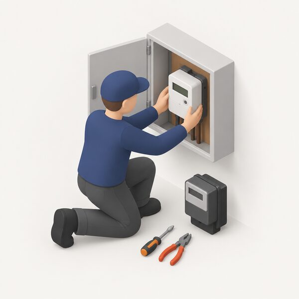 A supplier's installer in plain work clothing kneels beside a home's electricity meter box, removing the old meter and fitting a smart meter in its place on the wall, with a small simplified isometric figure and simple tools shown at work.