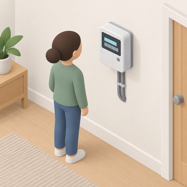 A wall-mounted smart electricity meter with its small display showing readings as plain blocks, with a simplified isometric figure standing beside it looking at the meter, set on a plain interior wall of a UK home.