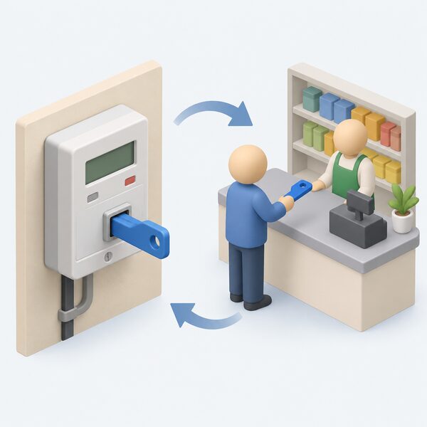 A traditional electricity prepayment meter mounted on a wall with its plastic key inserted, and a simplified figure holding the key at a shop counter as it is topped up, showing the old way of adding credit before a shop visit was needed.