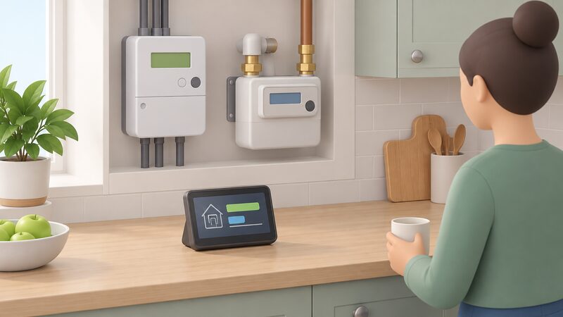 A kitchen worktop scene showing a small in-home display standing on the worktop, with a domestic electricity smart meter and a gas smart meter drawn beside it, all plain digital devices with no readable text.