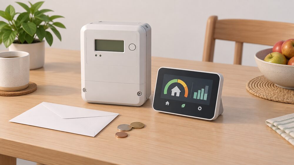 A kitchen table with a smart electricity meter and its in-home display standing side by side, next to a plain unmarked envelope and a few coins, with no invoice or payment slip anywhere in the scene.