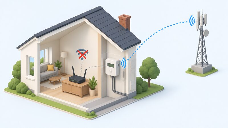 A simplified diagram of a house with a smart electricity meter sending readings via a dedicated secure wireless network to a supplier mast, while a separate home broadband router inside the house is shown unconnected to the meter, with a crossed-out Wi-Fi symbol between them.