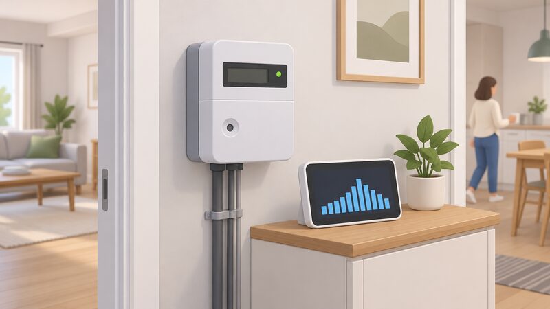 A domestic smart electricity meter on a wall with its in-home display nearby, the screen showing a plain bar chart of usage rising and falling across the day in half-hourly steps, with no readable words or numbers.