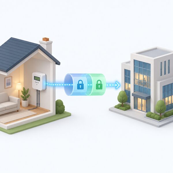 A wall-mounted smart electricity meter inside a home sends readings through the DCC's secure network, shown as a shielded link with two encryption layers, to the energy supplier's building, with no other parties receiving the data.