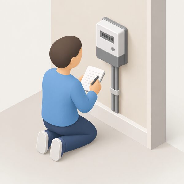 A householder kneeling beside the electricity meter at the wall, holding a notepad and pen and writing down the reading while looking at the meter display.