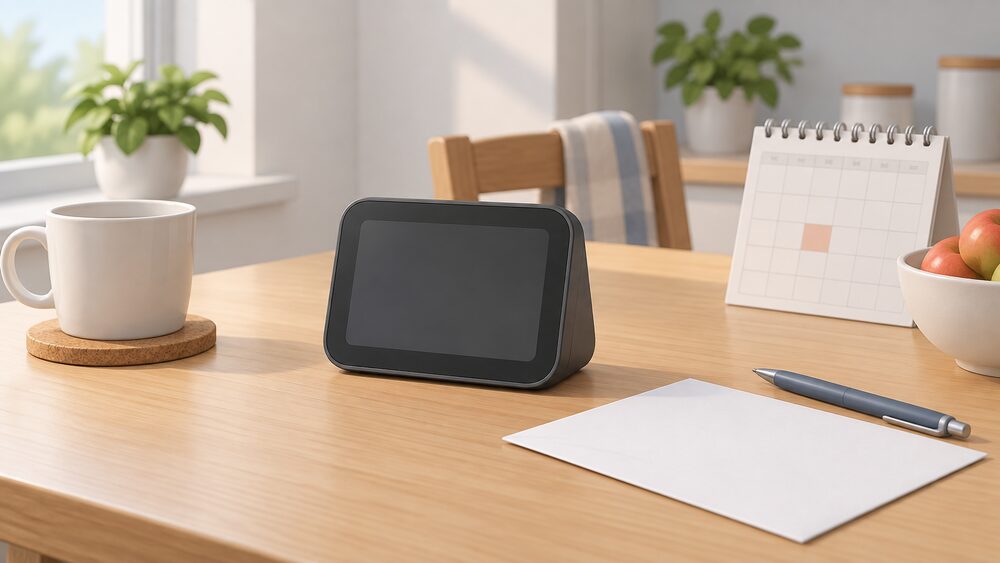 On a kitchen table in daylight, a small in-home smart meter display with a blank screen stands beside a blank letter, a pen and a wall calendar, suggesting a household deciding who may see its energy readings.