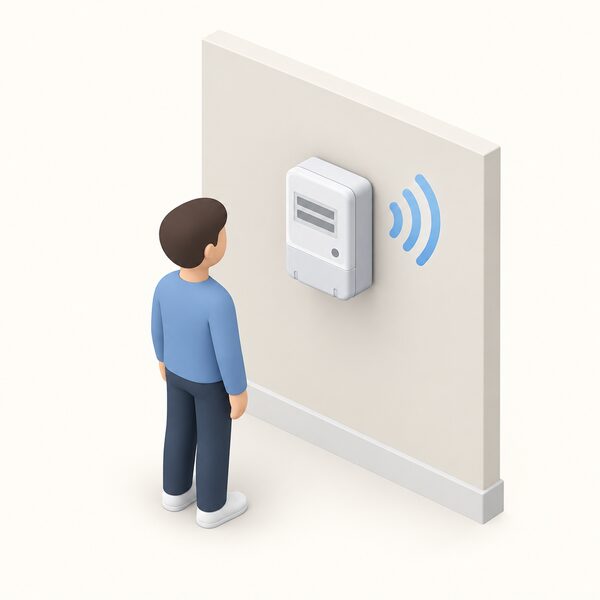 A simplified isometric figure stands beside a smart electricity meter mounted on a plain interior wall, with small signal arcs travelling from the meter outward to show it sending readings automatically, no display or other equipment shown.