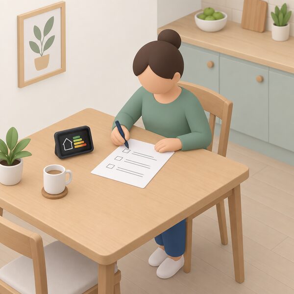 A simplified isometric household figure sits at a kitchen table completing a paper consent form about sharing smart meter data, with a smart meter display unit on the table beside the form and a pen in hand, the form's three choice sections shown only as blank tick boxes and lines.