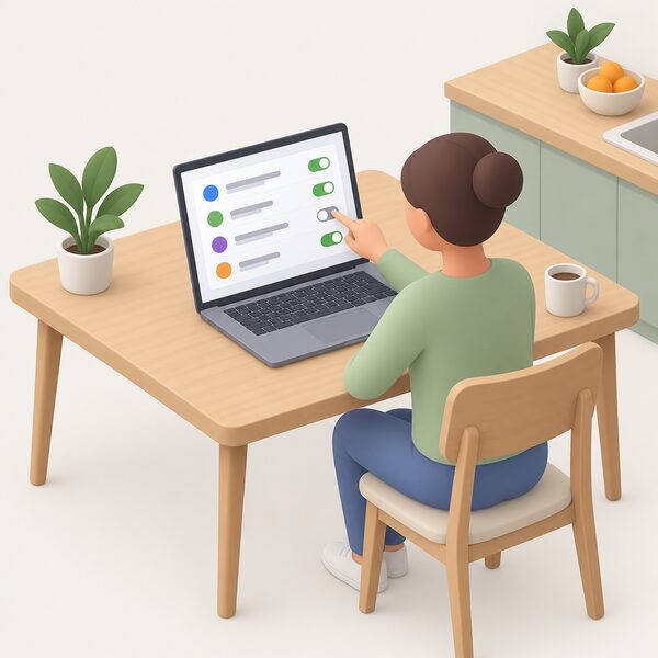 A laptop on a kitchen table showing a consent portal screen with a plain list of third-party organisations, each with a simple toggle switch, one being switched off by a simplified isometric figure seated at the table.