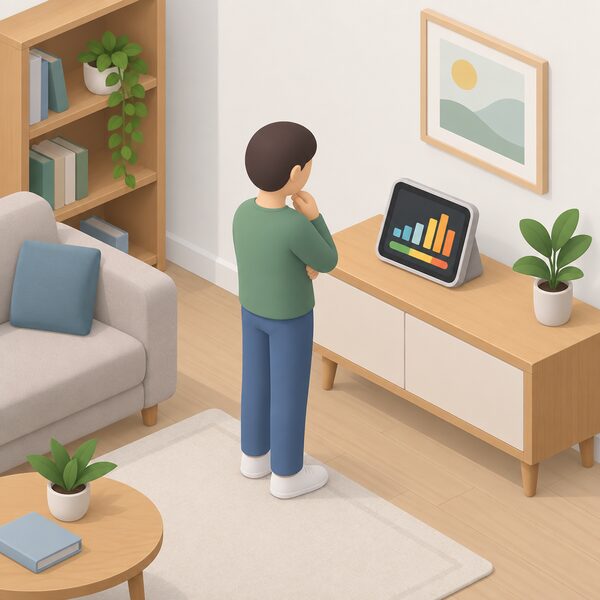 A simplified isometric figure stands in a home room looking at an in-home display on a shelf or table, its screen showing plain colour bands and a simple bar graph of household energy use, with no readable words or numbers.