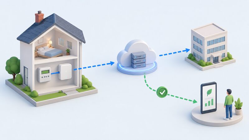A simplified diagram of a house with a smart meter and communications hub sending readings via the DCC network to the energy supplier, with a separate consented branch continuing to a third-party app on a phone.