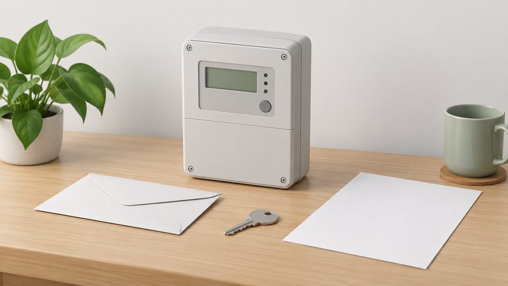 A small model of a wall-mounted smart electricity meter box stands on a table beside a closed envelope, a key and a blank sheet of paperwork, suggesting a household deciding who may see its energy readings.