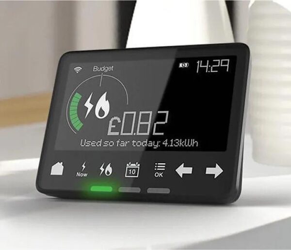 A black smart meter in-home display showing today's energy cost of £0.82 and 4.13kWh used