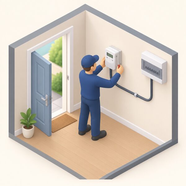 A simplified isometric installer in plain work clothing fits a smart electricity meter on an inside wall of a home during a supplier visit, using a screwdriver to secure the meter box, with the incoming supply cable running from the meter toward the consumer unit, while the householder is not shown paying anything.