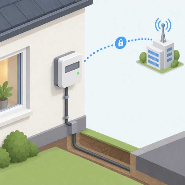 A simplified isometric view of a home exterior wall with a smart meter mounted on it, wired into the home's mains electricity supply, with a stylised secure network signal shown travelling from the meter toward the supplier's systems, illustrating the meter's mains power and reporting connection.