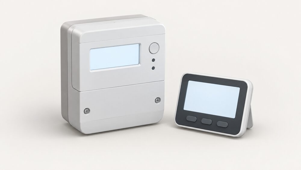 A close-up of a single electricity smart meter, its blank digital screen lit, with its separate in-home display unit standing beside it, both shown plainly with no other equipment.
