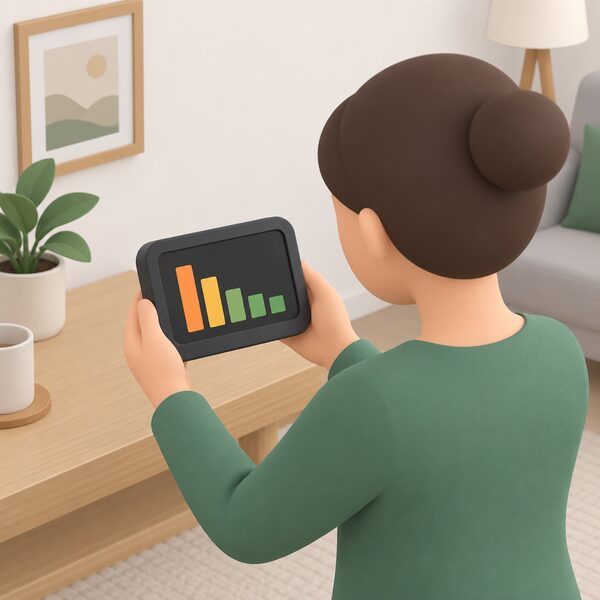 A household's in-home display on a table or shelf in the home, its screen showing plain consumption bars, with a simplified figure holding it as if inspecting or reporting the fault, the smart meter itself absent from the scene.