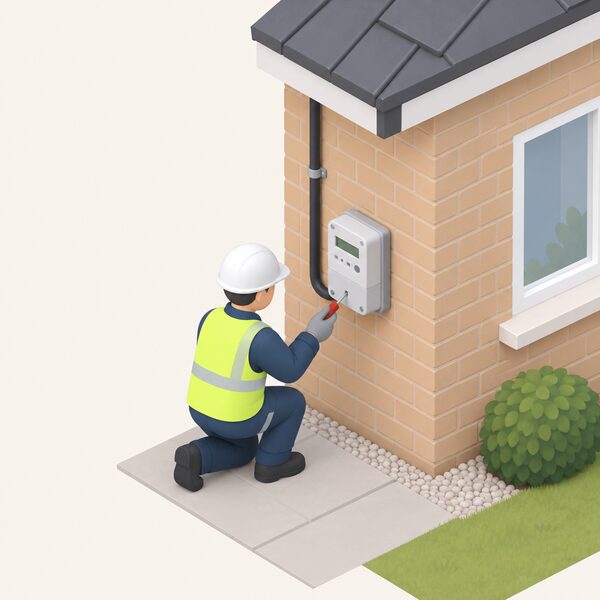 A small isometric house exterior wall with a smart electricity meter neatly mounted beside the incoming supply, a simplified engineer figure kneeling at it with a tool, showing the meter as the supplier's equipment to maintain and fix at the property.