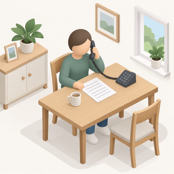 A simplified isometric figure sits at a table in a home setting, holding a phone to their ear while a printed advice sheet with blank lines lies before them, showing a household contacting a free independent consumer advice service about an energy problem.