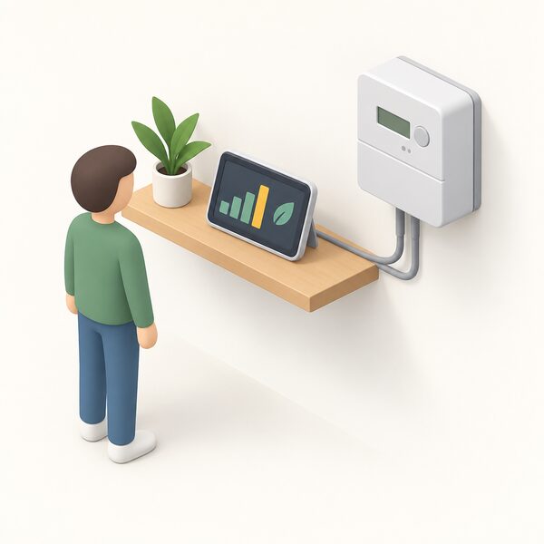 A small simplified isometric figure stands beside a standalone energy monitor on a shelf, a separate consumer access device drawing on the smart meter's data, with the meter on the wall nearby connected to it so the household keeps its own view of consumption independent of the in-home display.
