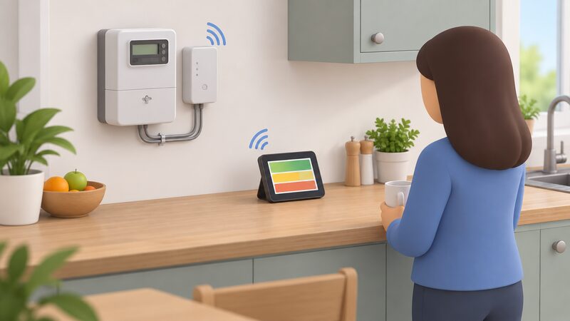 A wall-mounted smart electricity meter with its communications hub beside it, and a portable touchscreen in-home display standing on the kitchen worktop nearby, paired to the meter over a short local link.