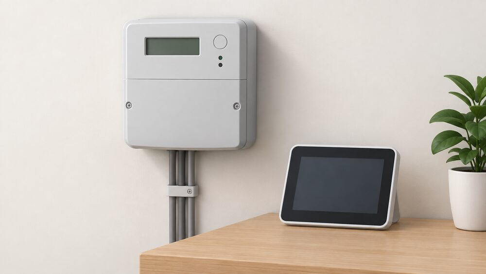A wall-mounted electricity smart meter with its cover intact, shown close up, with its portable touchscreen in-home display sitting nearby showing a blank screen, illustrating a display fault rather than a meter fault.