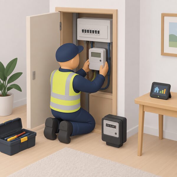 A simplified engineer kneeling at a domestic meter cupboard fitting a new smart electricity meter onto the consumer unit wiring, with an old-style analogue meter set aside and a new in-home display resting on a nearby table in the same room.