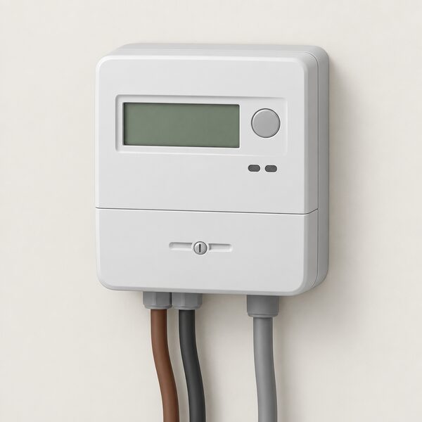 A single SMETS compliant smart electricity meter mounted on a plain interior wall, shown simply as the meter unit itself with its digital display and connection cabling, with no other equipment or people in the scene.