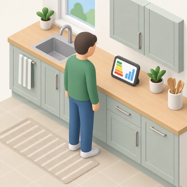 A small isometric figure stands in a home kitchen or hallway looking at an in-home display on a shelf or worktop, the handheld screen showing energy use as plain colour bands and simple bar blocks with no readable words or numbers.