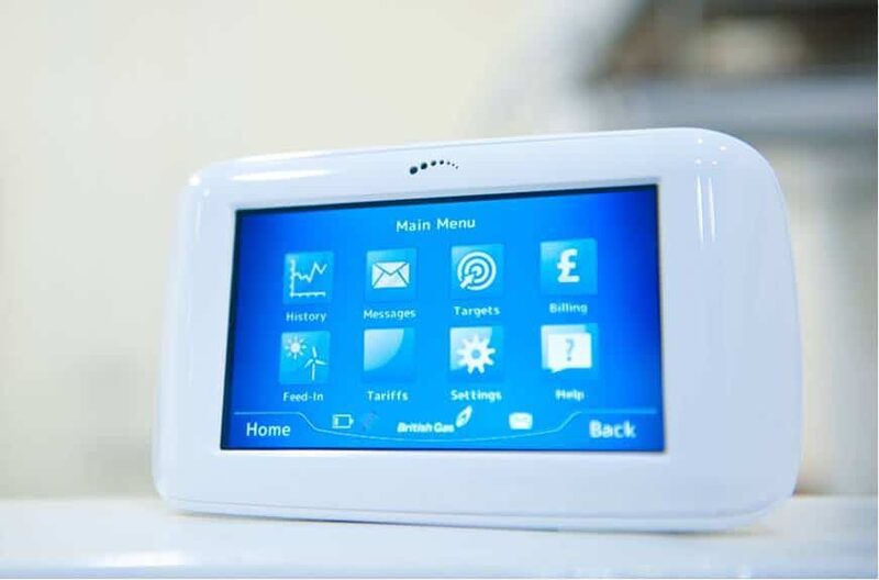 A white British Gas smart meter in-home display showing its main menu screen